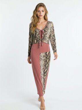 Snake-Print and Dusty Rose Maxi Dress with Tie Front